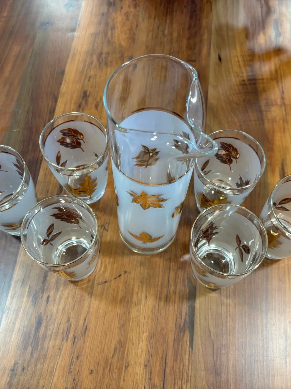 Vintage MCM Libbey Golden Foliage Frosted Pitcher & Glass Barware Set